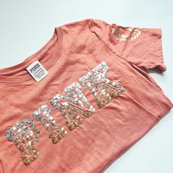 🩷VICTORIA SECRET PINK SPARKLE BLING PINK SHORT SLEEVE TEE SHIRT TOP SIZE XS - Picture 2 of 14